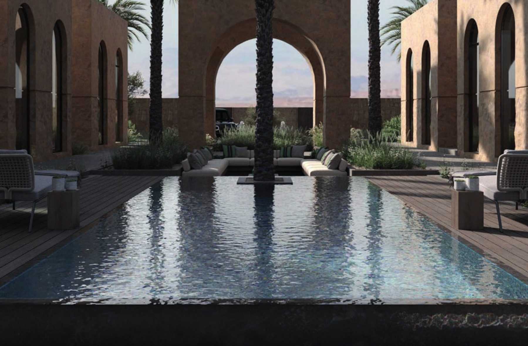 Reference imagery of plaza arches and a pool