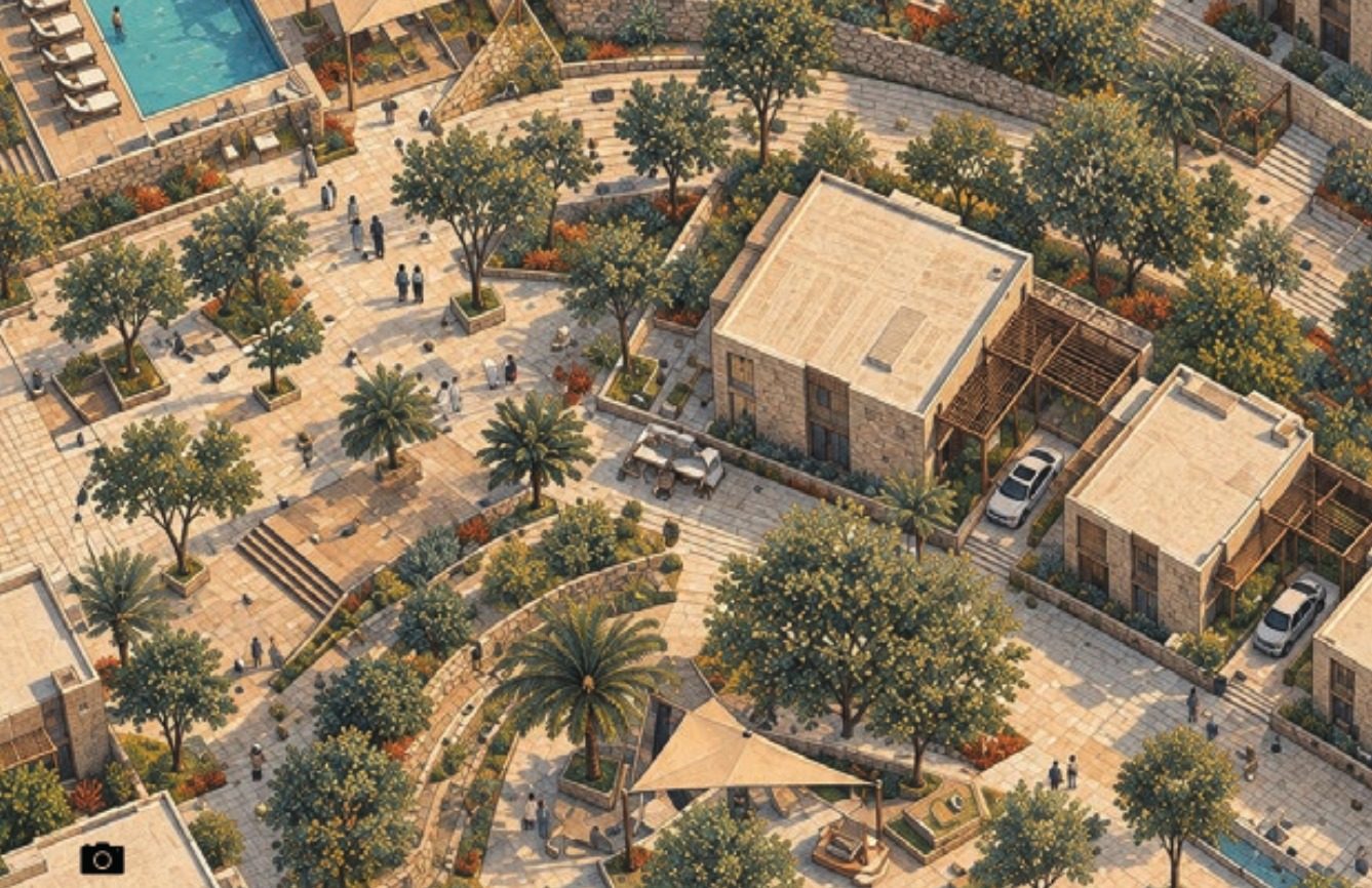 Aerial render of the plaza
