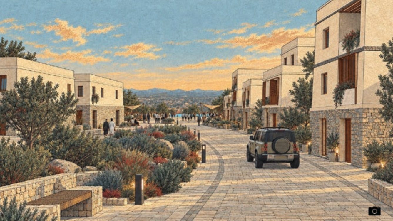 Render of a shared stone street at dusk
