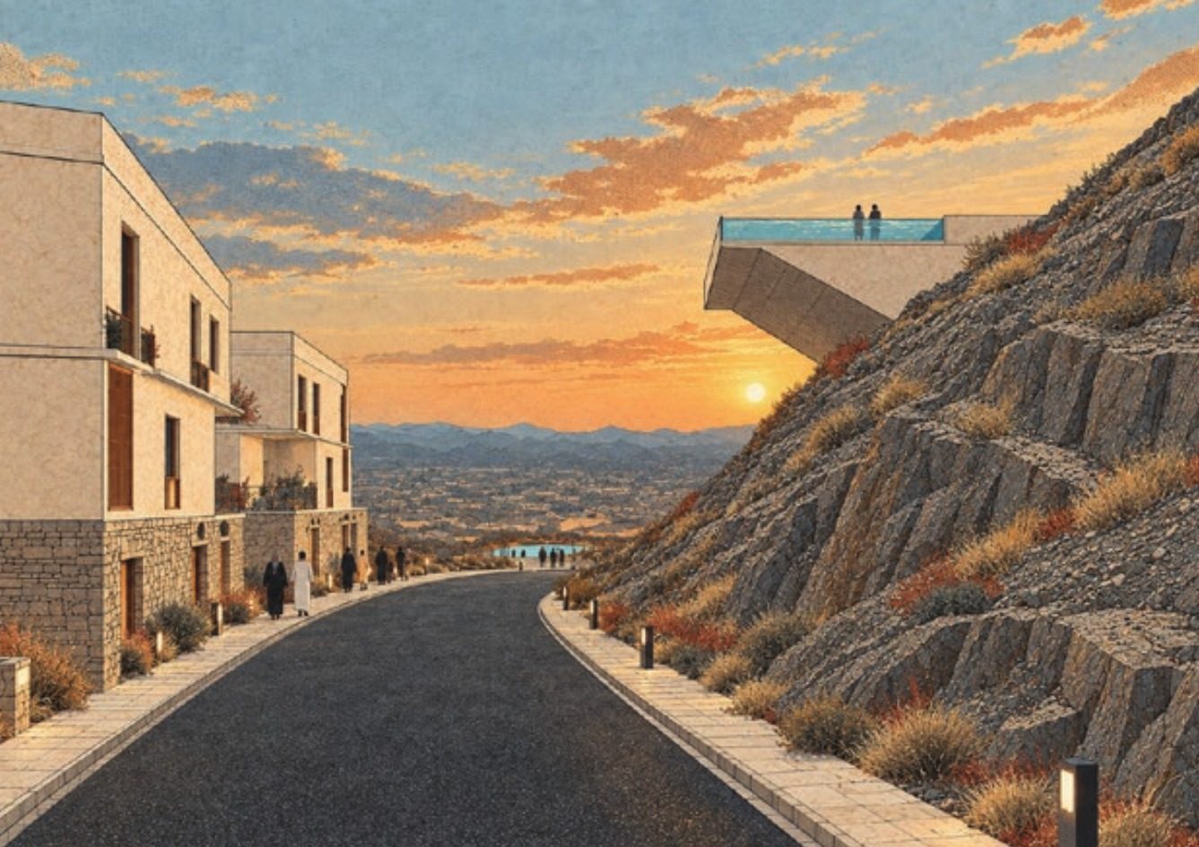 Render of a cantilevered pool above the slope at sunset